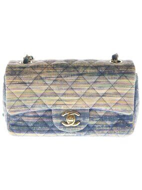 Chanel Mini Quilted Chain Shoulder Bag Back Single Flap Denim Multicolor Navy